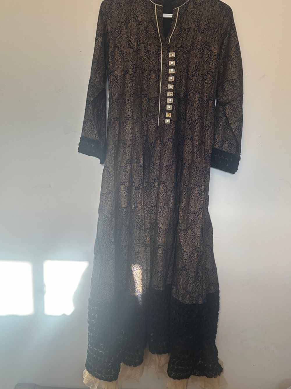 Bohemian Black Patterned Long Sleeve Maxi Dress